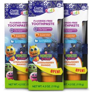 GuruNanda Kids Toothpaste with 2% Hydroxyapatite & 25% Xylitol, Fluoride-Free, Strawberry Mango Flavor, Safe if Swallowed, Gentle & Safe for Young Teeth & Gums, 4.2 oz(4.2 Ounce (Pack of 3))