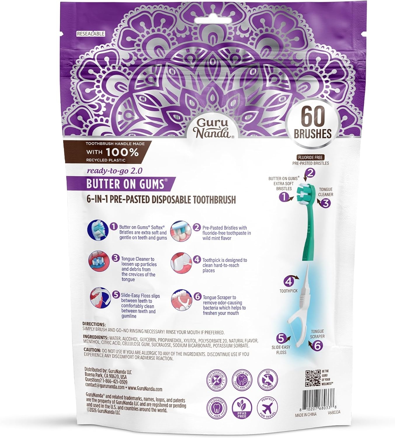 imageGuruNanda 6in1 ReadytoGo Disposable Toothbrush PrePasted Butter on Gums Softex Bristles Floss amp Toothpick Tongue amp Cheek Cleaner Individually Wrapped amp TSA Friendly 60 Ct