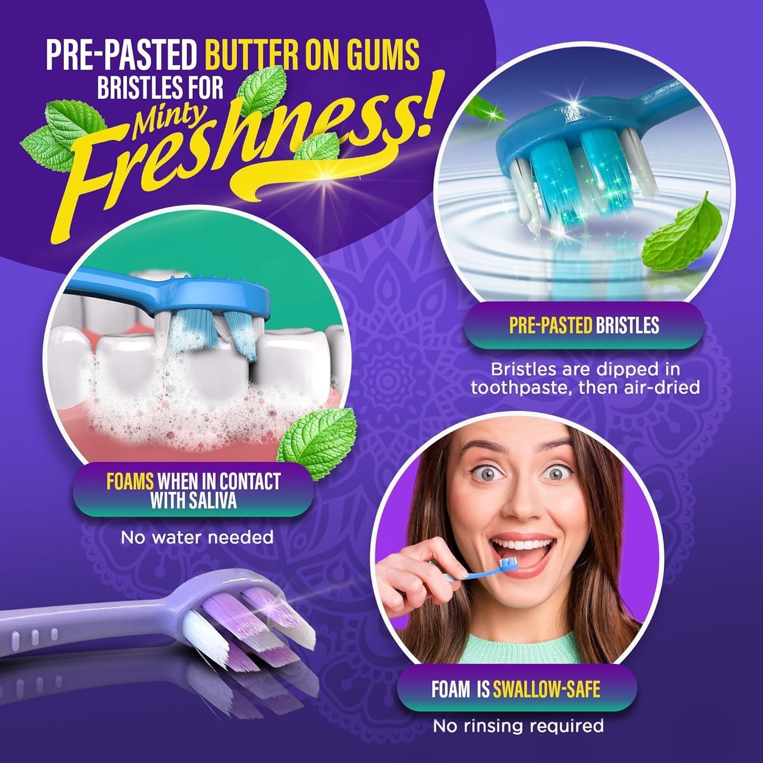 imageGuruNanda 6in1 ReadytoGo Disposable Toothbrush PrePasted Butter on Gums Softex Bristles Floss amp Toothpick Tongue amp Cheek Cleaner Individually Wrapped amp TSA Friendly 60 Ct