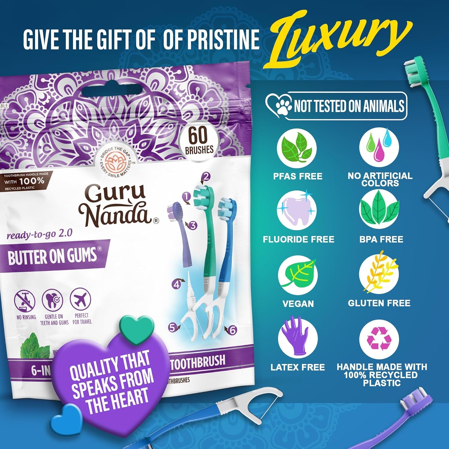 imageGuruNanda 6in1 ReadytoGo Disposable Toothbrush PrePasted Butter on Gums Softex Bristles Floss amp Toothpick Tongue amp Cheek Cleaner Individually Wrapped amp TSA Friendly 60 Ct