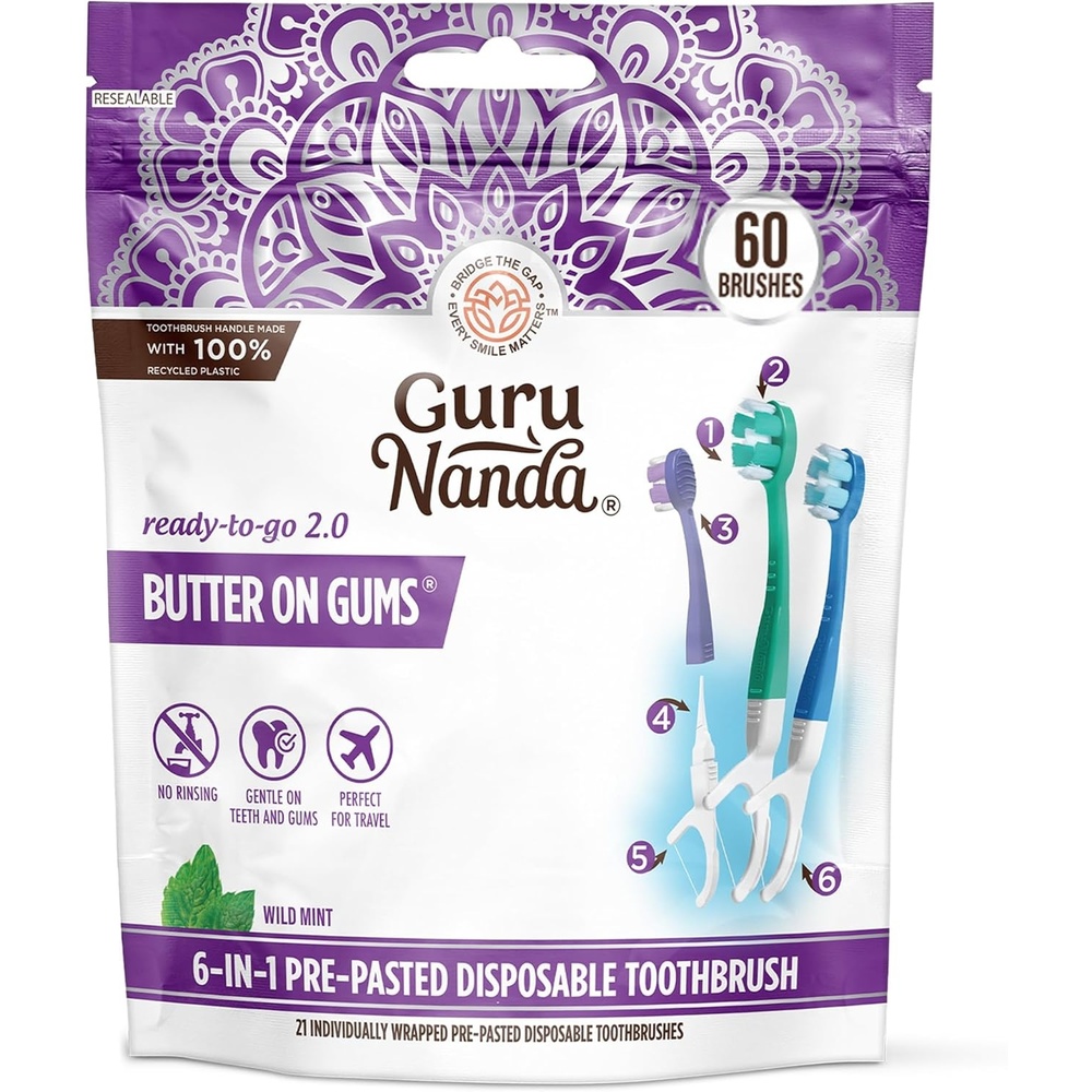 imageGuruNanda 6in1 ReadytoGo Disposable Toothbrush PrePasted Butter on Gums Softex Bristles Floss amp Toothpick Tongue amp Cheek Cleaner Individually Wrapped amp TSA Friendly 60 Ct