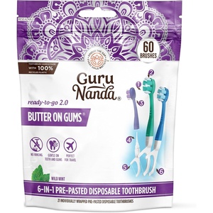 GuruNanda 6-in-1 Ready-to-Go Disposable Toothbrush, Pre-Pasted Butter on Gums Softex Bristles, Floss & Toothpick, Tongue & Cheek Cleaner, Individually Wrapped & TSA Friendly, 60 Ct