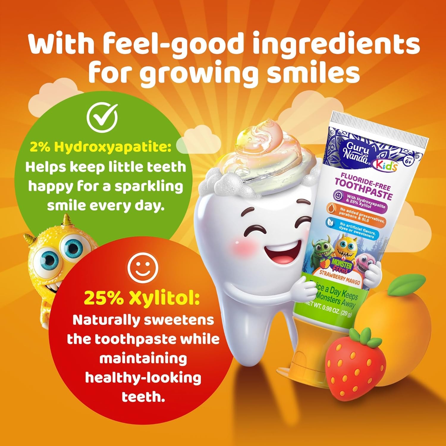 image:imageGuruNanda Kids Toothpaste with 2 Hydroxyapatite amp 25 Xylitol Travel Size FluorideFree Strawberry Mango Flavor Safe if Swallowed Gentle amp Safe for Young Teeth amp Gums 098 oz098 Ounce Pack of 4