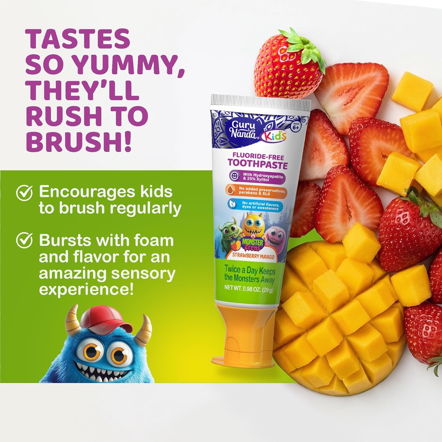 image:imageGuruNanda Kids Toothpaste with 2 Hydroxyapatite amp 25 Xylitol Travel Size FluorideFree Strawberry Mango Flavor Safe if Swallowed Gentle amp Safe for Young Teeth amp Gums 098 oz098 Ounce Pack of 1
