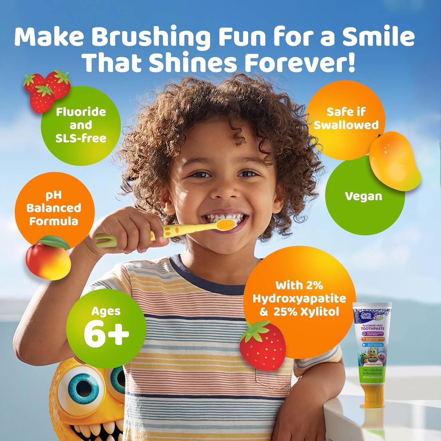 image:imageGuruNanda Kids Toothpaste with 2 Hydroxyapatite amp 25 Xylitol Travel Size FluorideFree Strawberry Mango Flavor Safe if Swallowed Gentle amp Safe for Young Teeth amp Gums 098 oz098 Ounce Pack of 4