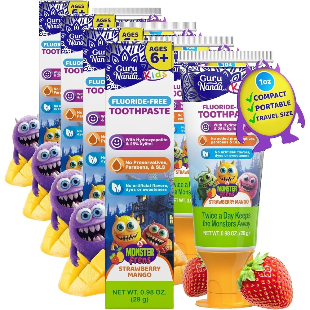 image:imageGuruNanda Kids Toothpaste with 2 Hydroxyapatite amp 25 Xylitol Travel Size FluorideFree Strawberry Mango Flavor Safe if Swallowed Gentle amp Safe for Young Teeth amp Gums 098 oz098 Ounce Pack of 4