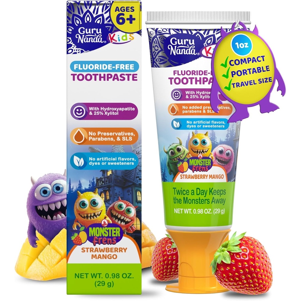 image:imageGuruNanda Kids Toothpaste with 2 Hydroxyapatite amp 25 Xylitol Travel Size FluorideFree Strawberry Mango Flavor Safe if Swallowed Gentle amp Safe for Young Teeth amp Gums 098 oz098 Ounce Pack of 1