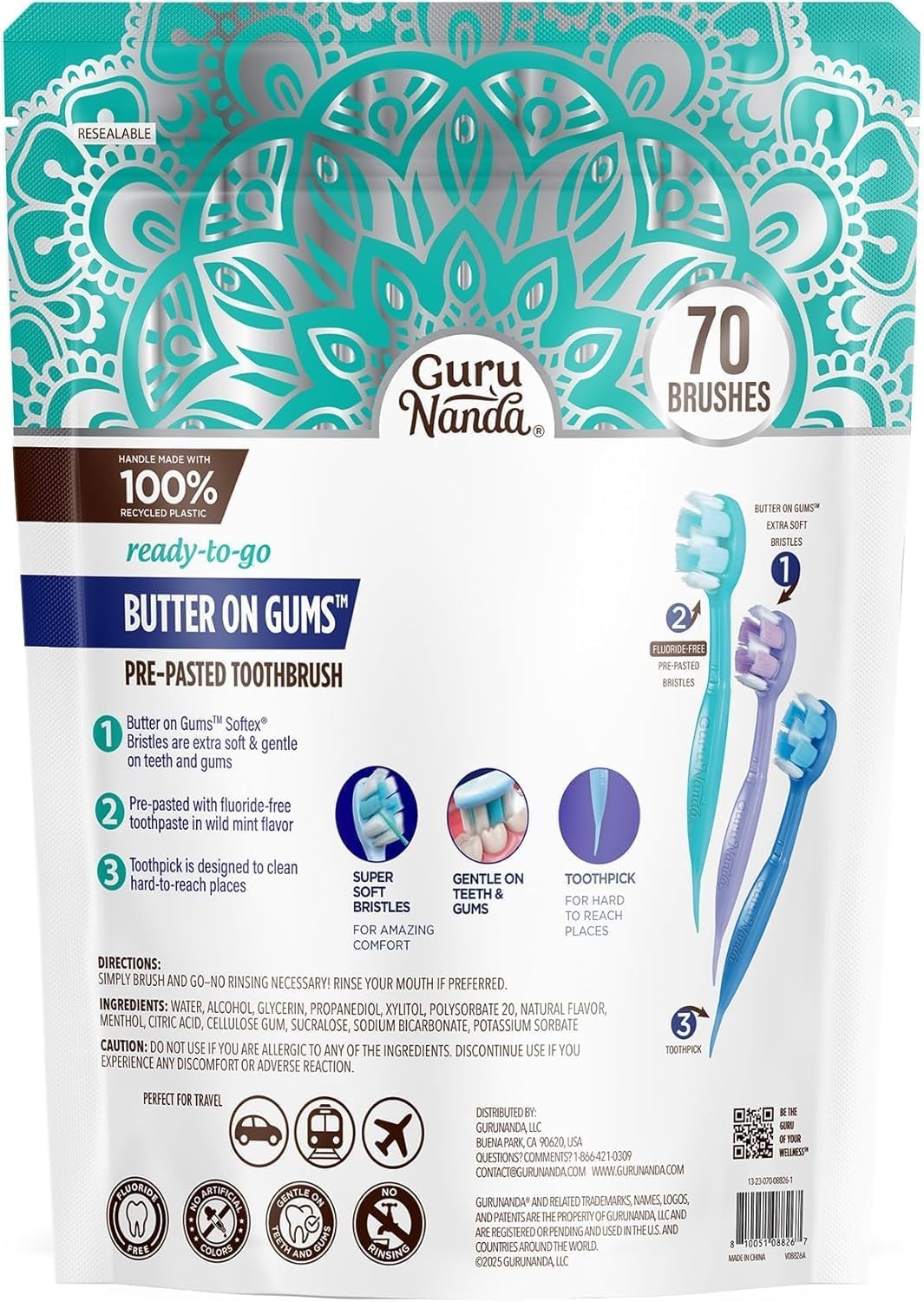 image:imageGuruNanda Disposable Travel Toothbrushes with Toothpaste amp Toothpick Prepasted ReadytoUse Mini Toothbrushes FluorideFree No Rinse Soft Bristles Individually Wrapped 14 Ct70 Count Pack of 1