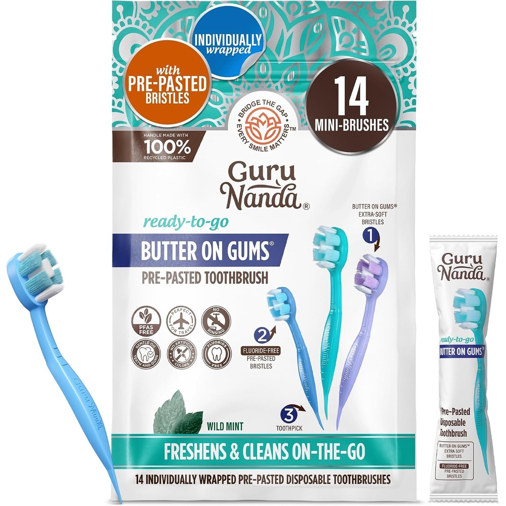 image:imageGuruNanda Disposable Travel Toothbrushes with Toothpaste amp Toothpick Prepasted ReadytoUse Mini Toothbrushes FluorideFree No Rinse Soft Bristles Individually Wrapped 14 Ct14 Count Pack of 1