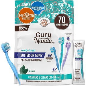 GuruNanda Disposable Travel Toothbrushes with Toothpaste & Toothpick, Prepasted Ready-to-Use Mini Toothbrushes, Fluoride-Free, No Rinse, Soft Bristles, Individually Wrapped, 14 Ct(70 Count (Pack of 1))
