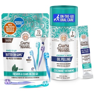 GuruNanda Travel-Ready Oral Care Bundle – 70ct Disposable Pre-Pasted Toothbrushes & 7 Coconut Oil Pulling Sachets for Fresh Breath & Clean Smiles on the Go